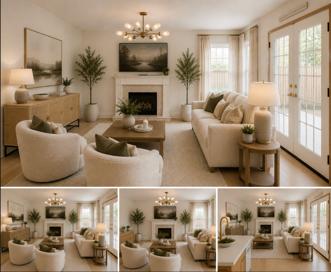 Living room after redesign, with fireplace, cream furnishings and brass accents