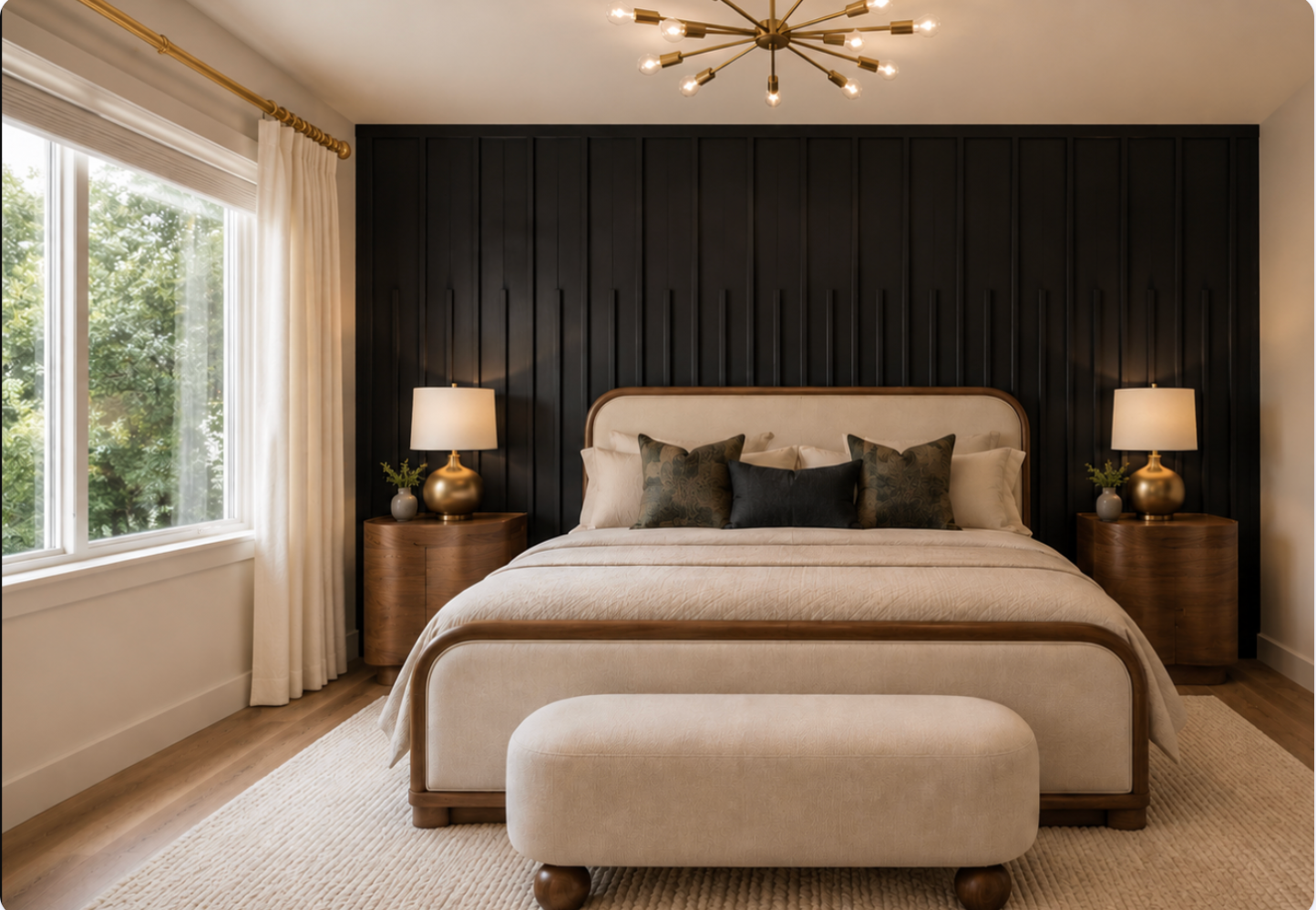 Guest bedroom after redesign, with black paneled accent wall