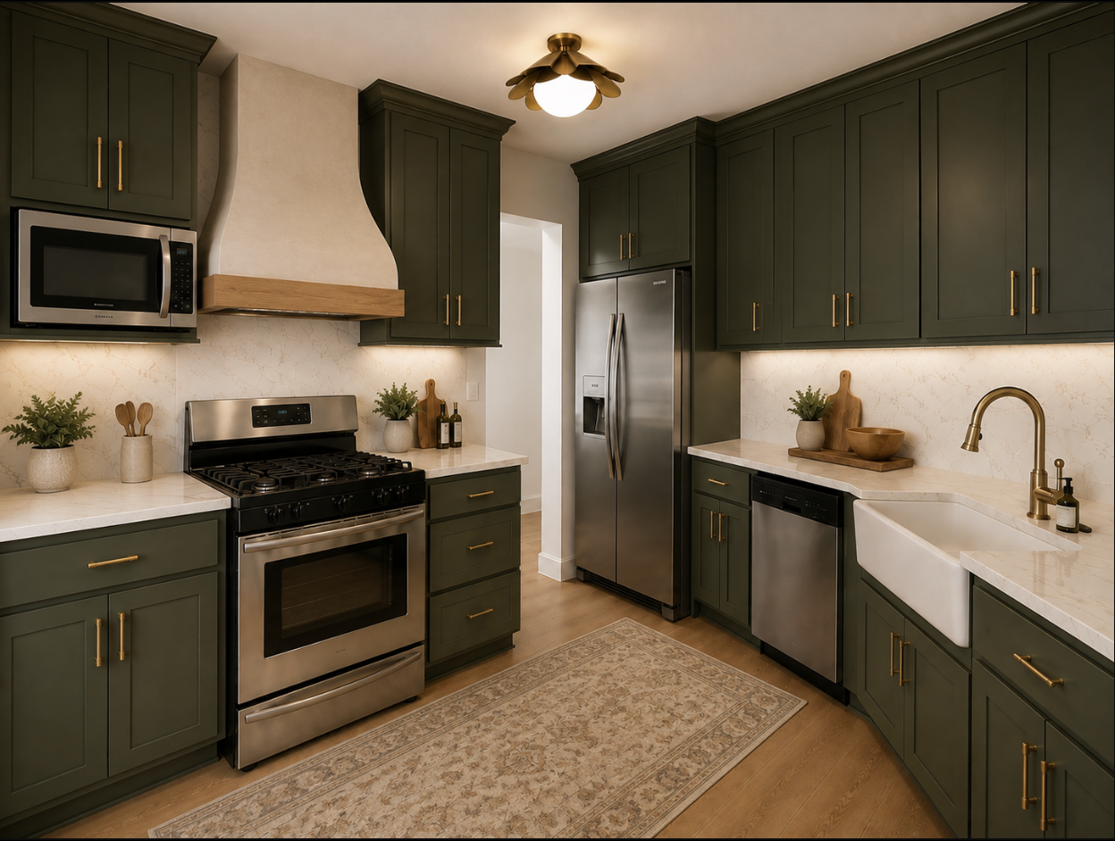 Kitchen after redesign, with olive green cabinetry and brass hardware