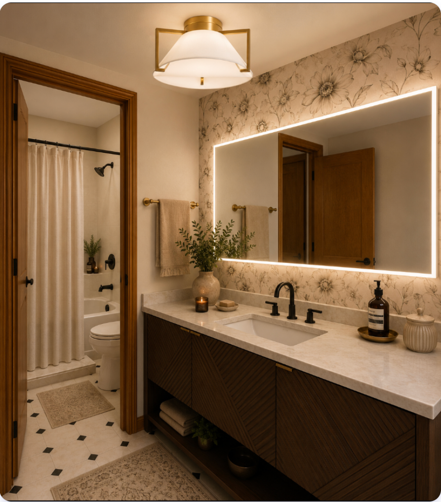 Primary bathroom after redesign, with walnut vanity and backlit mirror