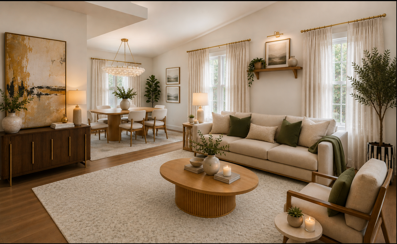 Open concept living and dining room with warm neutral tones
