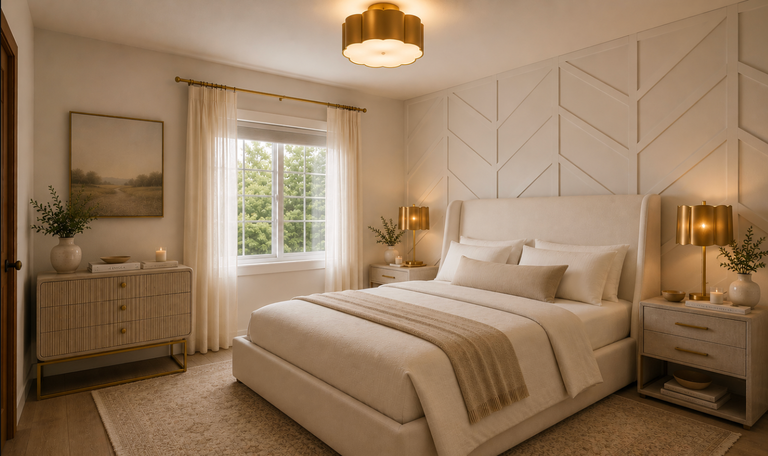 Neutral toned primary bedroom with herringbone accent wall